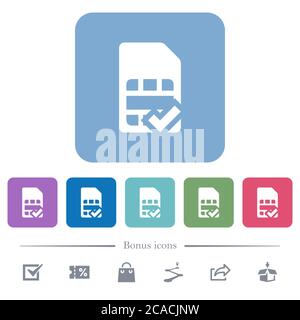 SIM card accepted white flat icons on color rounded square backgrounds. 6 bonus icons included Stock Vector