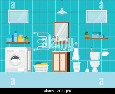 Modern bathroom with toilet and washing machine interior scene. Stock Vector