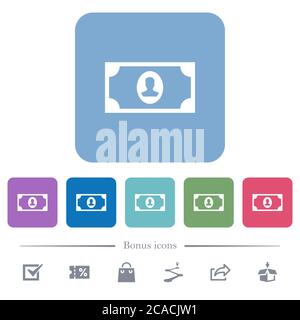 Single banknote  with portrait white flat icons on color rounded square backgrounds. 6 bonus icons included Stock Vector