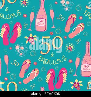 Fifty and fabulous seamless vector pattern background. Luxurious pink,gold, aqua blue backdrop with text, flip flop shoes, Champagne bottles, fizzing Stock Vector