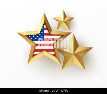 Golden realistic 3d star with American flag isolated on white background. Design element for patriotic American posters, cards. Vector illustration Stock Vector