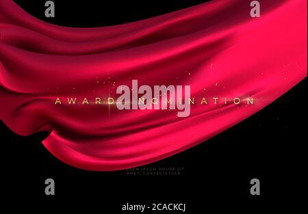 Award nomination ceremony with luxurious red flying silk wavy background with gold glitter and sparkle. Vector illustration Stock Vector