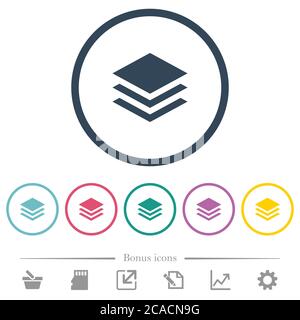 Layers flat color icons in round outlines. 6 bonus icons included. Stock Vector