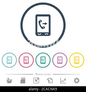 Outgoing mobile call flat color icons in round outlines. 6 bonus icons included. Stock Vector