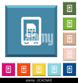 Mobile simcard accepted white icons on edged square buttons in various trendy colors Stock Vector