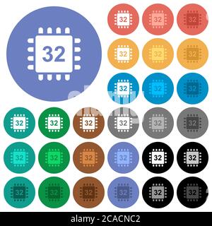 Microprocessor 32 bit architecture multi colored flat icons on round backgrounds. Included white, light and dark icon variations for hover and active Stock Vector