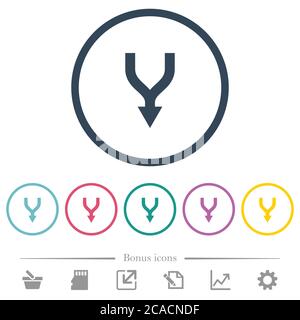 Merge arrows down flat color icons in round outlines. 6 bonus icons included. Stock Vector