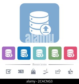 Restore database white flat icons on color rounded square backgrounds. 6 bonus icons included Stock Vector