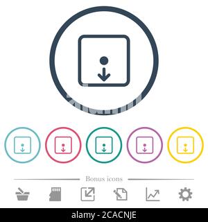 Move object down flat color icons in round outlines. 6 bonus icons included. Stock Vector