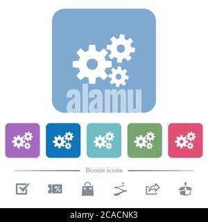 Gears white flat icons on color rounded square backgrounds. 6 bonus icons included Stock Vector