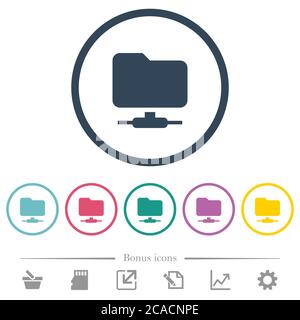 FTP flat color icons in round outlines. 6 bonus icons included. Stock Vector