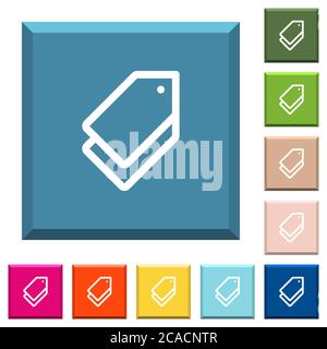 Multiple tags white icons on edged square buttons in various trendy colors Stock Vector