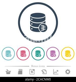 Database compress data flat color icons in round outlines. 6 bonus icons included. Stock Vector