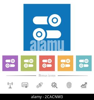 Toggle switches flat white icons in square backgrounds. 6 bonus icons included. Stock Vector