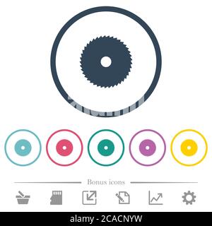 Circular saw flat color icons in round outlines. 6 bonus icons included. Stock Vector