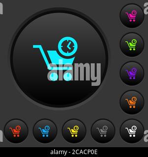 Instant purchase dark push buttons with vivid color icons on dark grey background Stock Vector