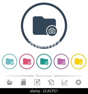 Directory snapshot flat color icons in round outlines. 6 bonus icons included. Stock Vector