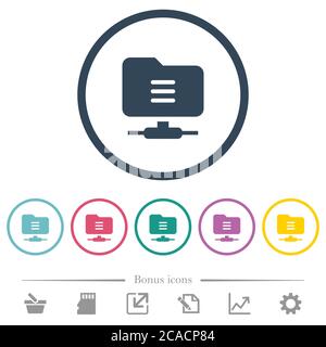 FTP options flat color icons in round outlines. 6 bonus icons included. Stock Vector