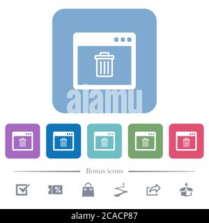 Application delete white flat icons on color rounded square backgrounds. 6 bonus icons included Stock Vector