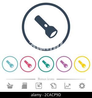 Flashlight flat color icons in round outlines. 6 bonus icons included. Stock Vector