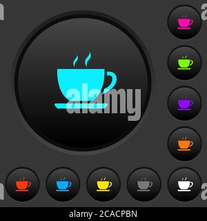Cup of coffee dark push buttons with vivid color icons on dark grey background Stock Vector