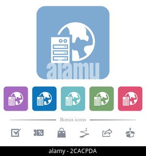Web hosting white flat icons on color rounded square backgrounds. 6 bonus icons included Stock Vector