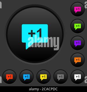 Plus one sign dark push buttons with vivid color icons on dark grey background Stock Vector