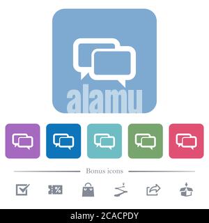 Chat bubbles white flat icons on color rounded square backgrounds. 6 bonus icons included Stock Vector