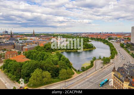 Aerial view of the Tivoli Gardens amusement park and Nyhavn district in Copenhagen, Denmark Stock Photo