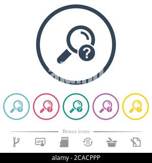 Unknown search flat color icons in round outlines. 6 bonus icons included. Stock Vector