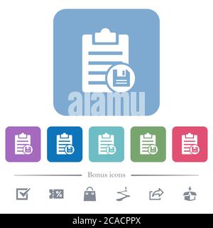 Save note white flat icons on color rounded square backgrounds. 6 bonus icons included Stock Vector