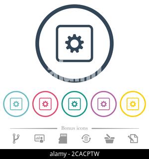 Object settings flat color icons in round outlines. 6 bonus icons included. Stock Vector