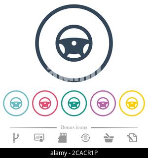 Steering wheel flat color icons in round outlines. 6 bonus icons included. Stock Vector