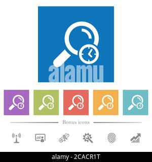 Query time flat white icons in square backgrounds. 6 bonus icons included. Stock Vector