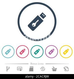 Hardware key flat color icons in round outlines. 6 bonus icons included. Stock Vector