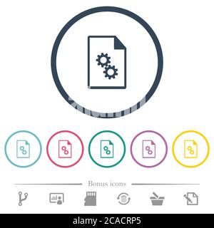 Executable file flat color icons in round outlines. 6 bonus icons included. Stock Vector