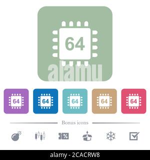 Microprocessor 64 bit architecture white flat icons on color rounded square backgrounds. 6 bonus icons included Stock Vector