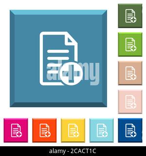 Add new document white icons on edged square buttons in various trendy colors Stock Vector