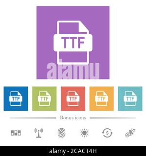 TTF file format flat white icons in square backgrounds. 6 bonus icons included. Stock Vector