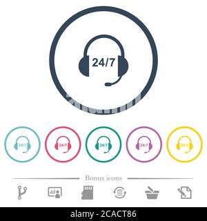 24 hour call center flat color icons in round outlines. 6 bonus icons included. Stock Vector