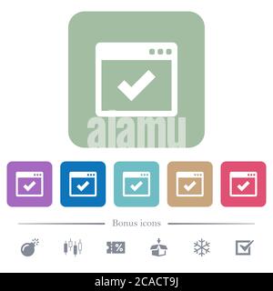 Application ok white flat icons on color rounded square backgrounds. 6 bonus icons included Stock Vector