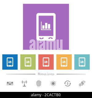 Mobile statistics flat white icons in square backgrounds. 6 bonus icons included. Stock Vector