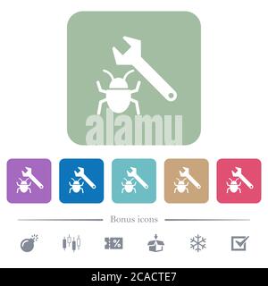 Bug fixing white flat icons on color rounded square backgrounds. 6 bonus icons included Stock Vector