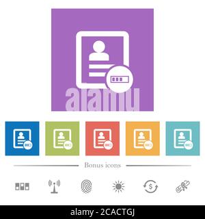 Contact progressing flat white icons in square backgrounds. 6 bonus icons included. Stock Vector