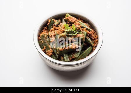 Bharwa Masala Bhindi or Stuffed Okra is an indian main course vegetable recipe made using ladies' fingers or ochro and spices Stock Photo