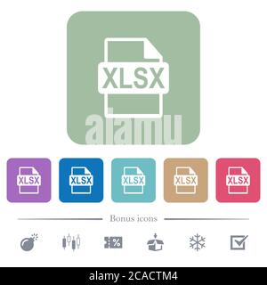 XLSX file format white flat icons on color rounded square backgrounds. 6 bonus icons included Stock Vector
