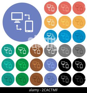 Syncronize mobile with computer multi colored flat icons on round backgrounds. Included white, light and dark icon variations for hover and active sta Stock Vector