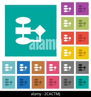 Flowchart multi colored flat icons on plain square backgrounds. Included white and darker icon variations for hover or active effects. Stock Vector