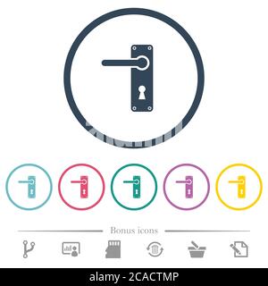 Left handed door handle with screws flat color icons in round outlines. 6 bonus icons included. Stock Vector