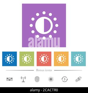 Saturation control flat white icons in square backgrounds. 6 bonus icons included. Stock Vector